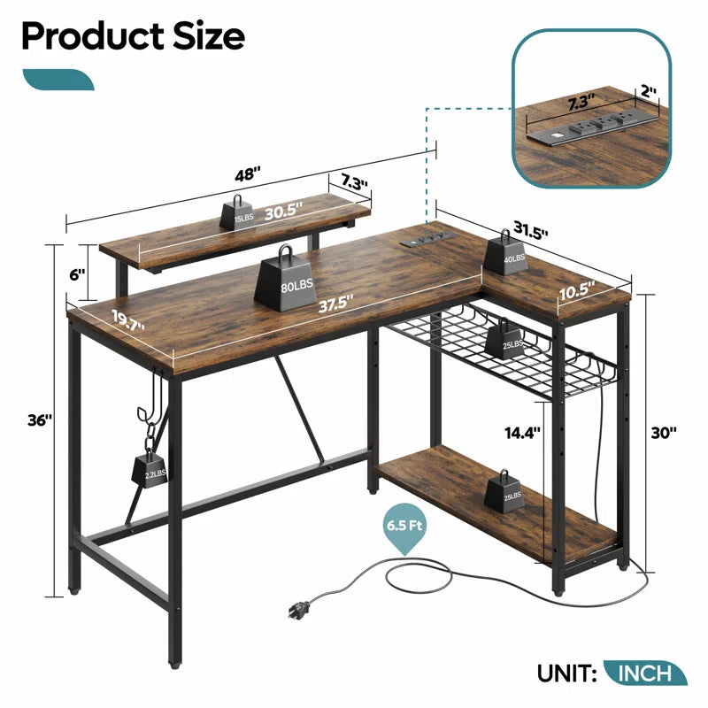 48" L-Shaped Computer Desk with Power Outlet