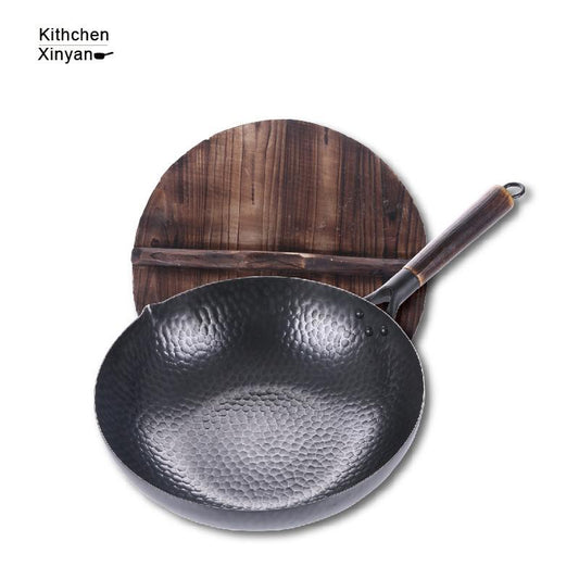 Iron Pan Traditional Iron Wok With Wooden Lid 