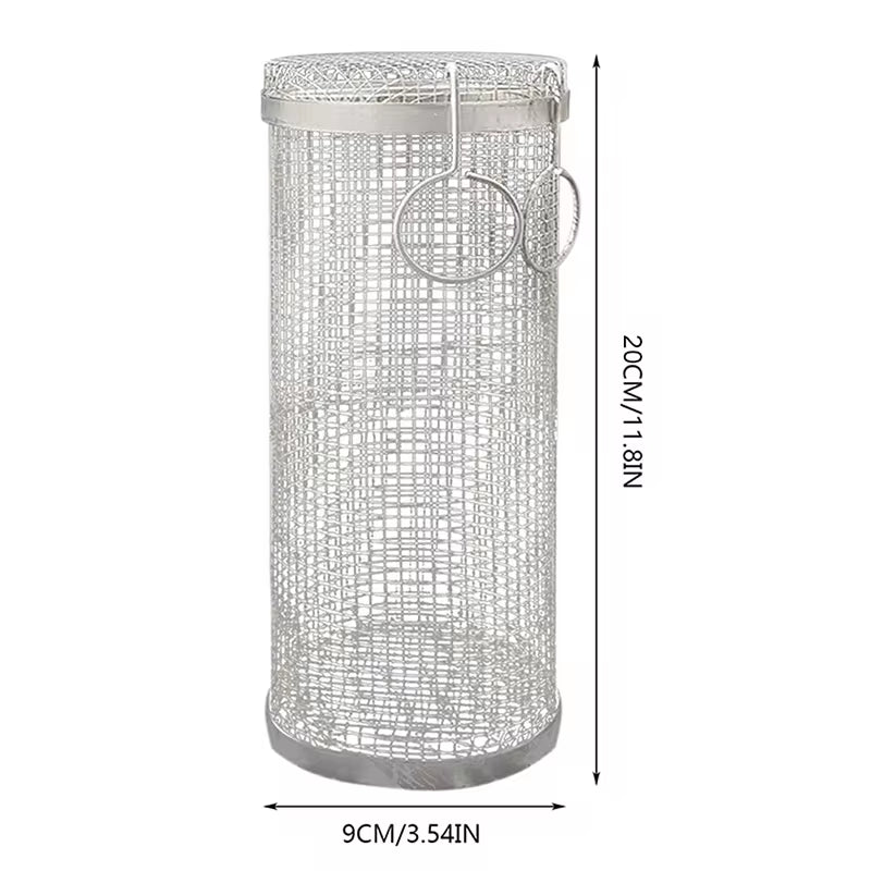 BBQ Basket Stainless Steel Rolling Grilling Basket Wire Mesh Cylinder Grill Basket Portable round Outdoor Camping Barbecue Rack